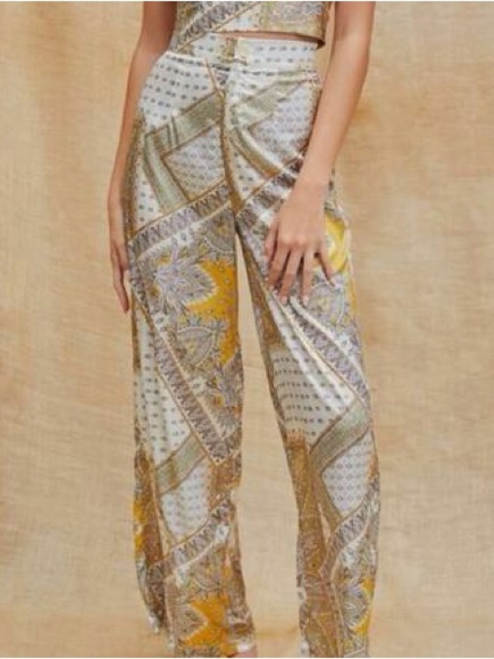 Cider Paisley Print Wide-Leg Trousers in Mustard and Brown